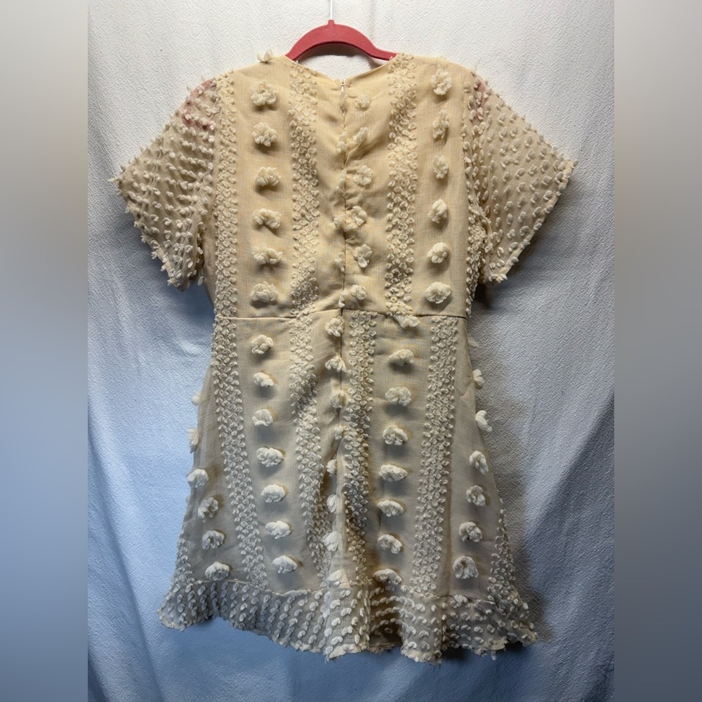 Whimsical Barbie Vibe Cottagecore Cream Textured 3D Pom-Pom Wrap Mini Dress Line - Picture 5 of 8